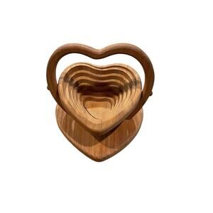 Vintage Wooden Pop Up Heart Basket, Collapsible Spiral Cut Bowl or Trivet